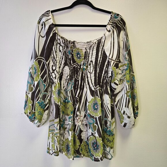 Women's Sheer Green Brown Hippy Floral Print Peasant Top M 3/4 Sleeve Boho Style - Picture 2 of 10